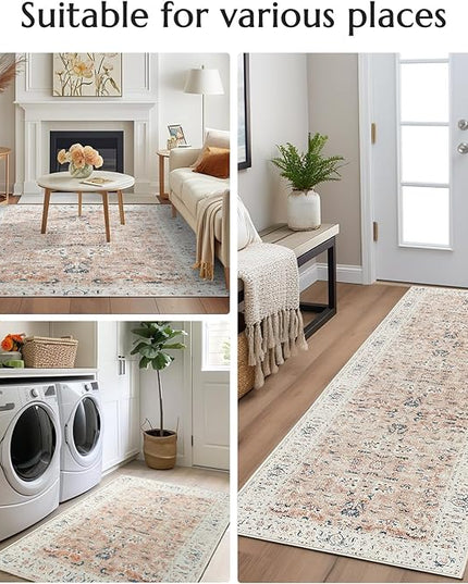 jinchan Area Rug 3x5 Entryway Rug - Washable Vintage Boho Floral Floor Cover Lightweight Low Pile Indoor Doormat Thin Non-Slip Carpet for Kitchen Living Room Bedroom Dining Room Office Pink Blush