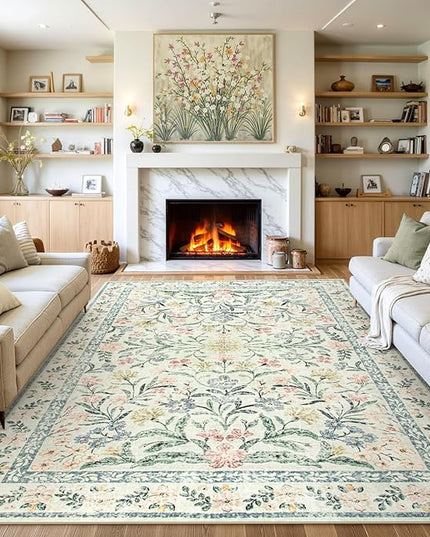 Wonnitar Large Living Room Rug, Floral 10 x 14 Machine Washable Area Rugs, Soft Boho Ultra-Thin Non-Shedding Indoor Aesthetic Carpet for Bedroom Dining Room Office