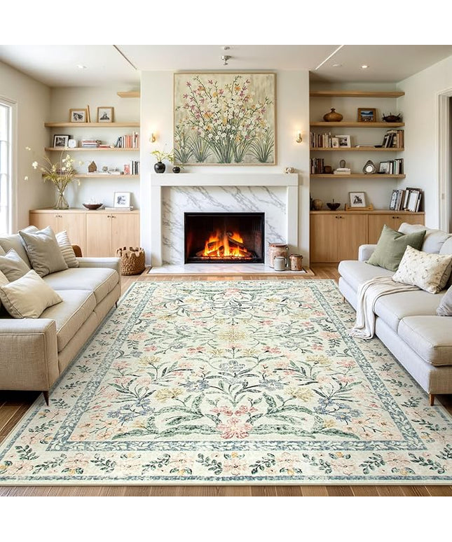Wonnitar Large Living Room Rug, Floral 10 x 14 Machine Washable Area Rugs, Soft Boho Ultra-Thin Non-Shedding Indoor Aesthetic Carpet for Bedroom Dining Room Office
