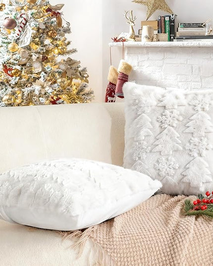 Touchat Christmas Pillow Covers 20x20, Soft Faux Rabbit Fur Throw Pillow Covers with 3D Embroidery Christmas Tree and Snowflake Design for Winter Holiday Home Decor, Couch Sofa Bedroom, White