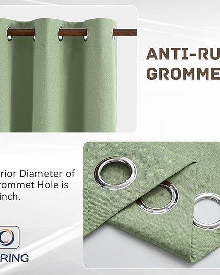 100% Blackout Linen Textured Curtains 95 Inch Length 2 Panels Set for Living Room, Bedroom, Light Weight Curtains with Grommets Top, Full Blackout Curtains Privacy Protection, Green, 52" W x 95" L