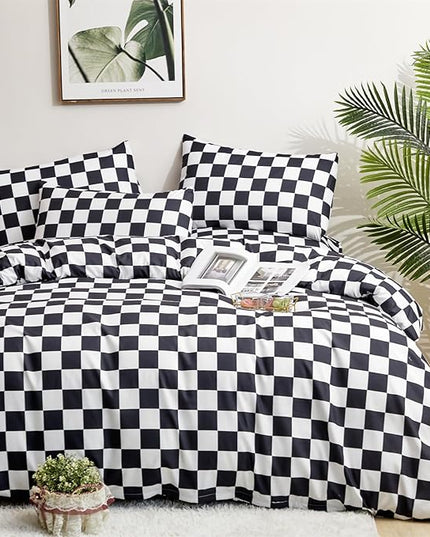 CLOTHKNOW Black White Plaid King Size Comforter Set Grid Bedding Comforter Sets Soft Checkered Comforter Black White Comforter with 2 x Pillow Cases