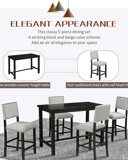 P PURLOVE 5 Piece Kitchen Table Set Counter Height Dining Table Set with Rectangle Table and 4 Cushioned Chairs for Small Place,Pub Kitchen