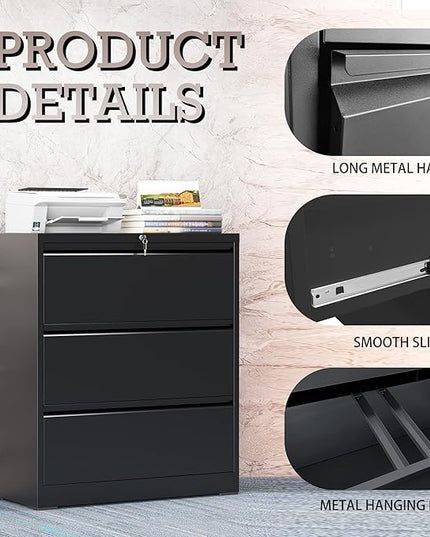3 Drawer Lateral File Cabinet with Lock, Lateral File Cabinets for Home Office, Metal File Cabinet, Heavy Duty File Storage Cabinet for Legal/Letter/A4 Document, Assembly Required, Black