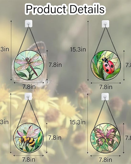 Stained Glass Window Hanging 4 Pcs Set Pink Green Insect Theme 7.8" - Butterfly Suncatcher Door Garden Sun Catcher Decor Birthday Christmas for Mom Woman Nana Men