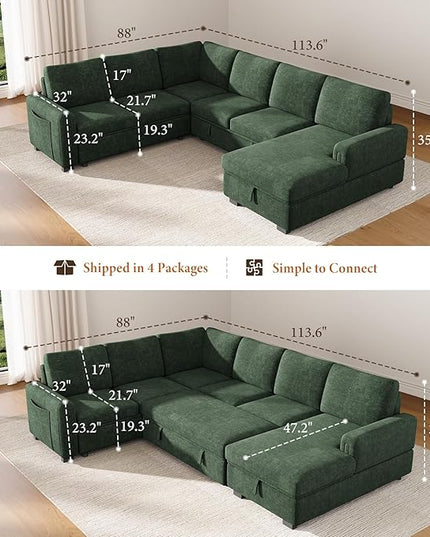 Vesgantti 113.6" Modular Sectional Sofa with Pull Out Couch Bed, 7 Seater U Shaped Sleeper Sofa with Storage Chaise, Chenille Sectional Couch for Living Room, Bedroom, Apartment, Green
