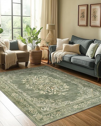 jinchan Green Floral 5x7 Area Rugs for Living Room - Machine Washable Distressed Vintage Design Soft Low-Pile Non-Slip Christmas Carpet for Dining Room Bedroom Home Office Nursery (5x7ft, Dark Green)