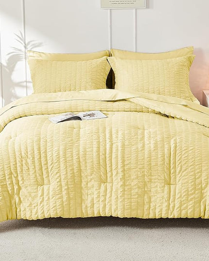 HYMOKEGE Yellow Twin Comforter Set Seersucker 5 Pieces, All Season Luxury Bed in a Bag for Bedroom, Bedding Set with Comforter, Sheets, Pillowcase & Sham