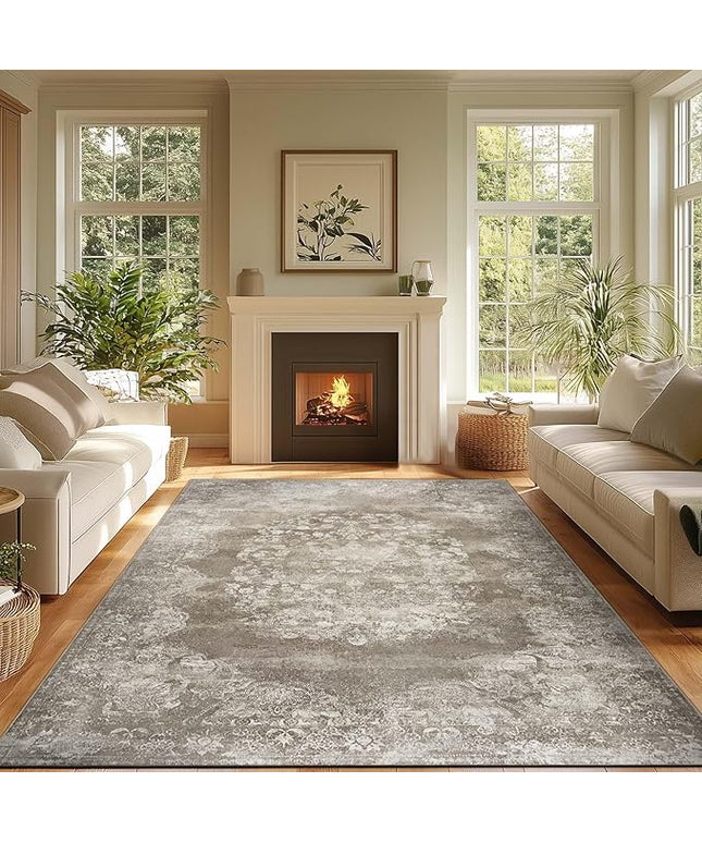 jinchan Washable Area Rug 8x10 for Living Room - Soft Faux Wool Ultra-Thin Stain Resistant Non-Slip Distressed Vintage Floral Large Carpet for Bedroom, Dining Room, Home Office, Nursery(Brown, 8'x10')
