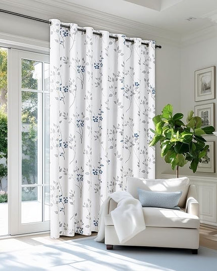 Beauoop Floral 100% Blackout Curtains 84 Inch Length 1 Panel for Patio Sliding Door Extra Wide Blue Grey Flower Patterned Divider Room Darkening Thermal Soundproof Grommet Window Drapes,100x84, 1 Set