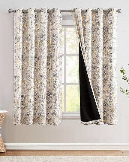 jinchan Blackout Curtains 63 Inches Long Golden Foil Damask Medallion Window Curtains for Bedroom Grommet Thermal Insulated Drapes for Living Room Vintage Luxury Window Treatments Set 2 Panels