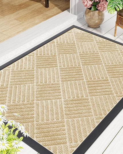 Smiry Front Door Mat Outside Entrance, Heavy Duty Outdoor Indoor Natural Rubber Doormat, Non Slip, Trap Dirt and Moisture, Easy Clean, Low Profile Patio Porch Entryway Mat, 35x23, Beige