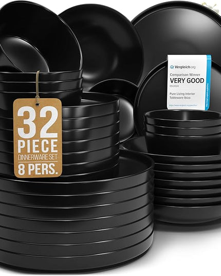 Stoneware dinnerware set 8 persons 32 pcs – Matte black style plates and bowls set – Dishwasher and microwave safe – Bowl and plate set – Dinner service Pure Living Interior Design