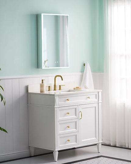 WELLFOR 20" X 30" Medicine Cabinet with Lights, 3X Magnification, Anti-Fog Mirrored Cabinet, Bathroom Vanity Medicine Cabinet with Outlets & USB Ports, Left Opening Door