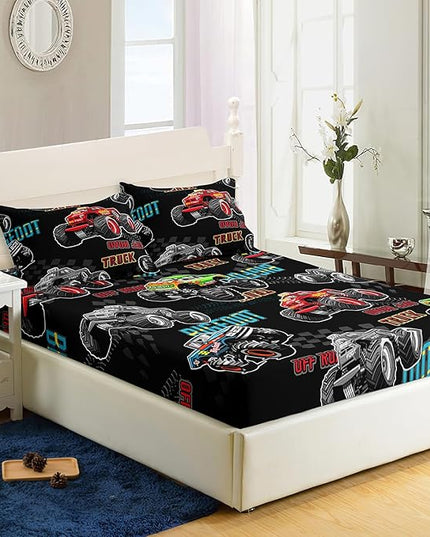 AILONEN Truck Fitted Sheet Twin Size,Pickup Truck Bedding Set for Kids Boys,Rigfoot Automobile Extreme Sport Theme Bed Sheet Set,3 Pieces,Soft Breathable Fitted Sheet and 2 Pillowcases