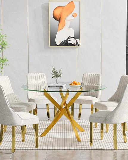 Round Glass Dining Table Set for 6, 47'' Clear Circular Kitchen Table and Chairs Set, 7PCS Modern Circle Dining Room Table Set with 6 Dining Chair for Home