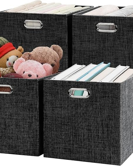 Posprica Fabric Storage Cubes,13×13×13 cube storage bins, Foldable Drawers Baskets Containers for Shelf Cabinet Bookcase,Thick and Heavy Duty (4pcs, Black)
