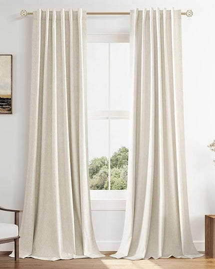 Guken Beige Cream Linen Blackout Curtains 42 Inch Wide by 108 Inch for Living Room Bedroom Back Tab Thermal Insulated 100% Black Out Linen Drapes Room Darkening Window Curtains