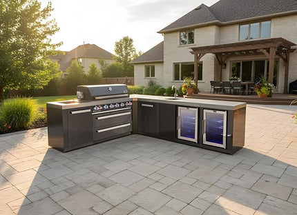 Mont Alpi MAi805-BSS90BEVFCXL 6-Burner 94"x113" L-shaped Premium Black Stainless Steel Outdoor Kitchen Island BBQ Gas Grill + Beverage Center Sink & Faucet + Fridge + Granite Countertops + Rotisserie