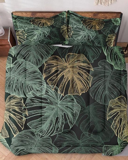 Twin Size Comforter Set with Pillowcase, Green Tropical Leaves 2 Pcs Bedding for Kids and Adults, Monstera Palm Leaf Soft Comforter Set for Bedroom Bed Decor