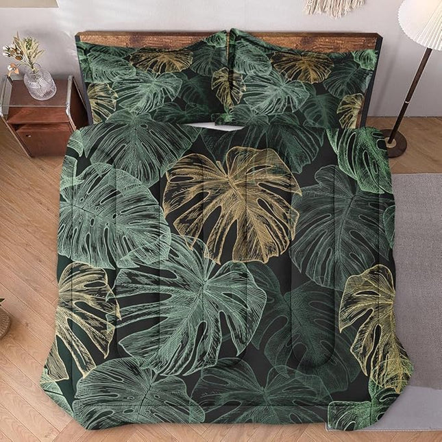 Twin Size Comforter Set with Pillowcase, Green Tropical Leaves 2 Pcs Bedding for Kids and Adults, Monstera Palm Leaf Soft Comforter Set for Bedroom Bed Decor