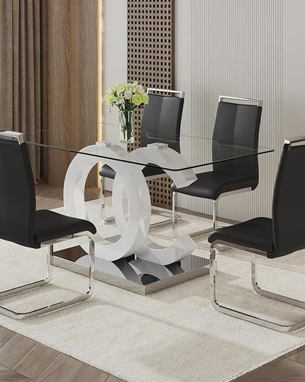 Ebullient Glass Dining Table Set for 4 ，5 Piece Dining Table Set,Tempered Glass Table Top，White Modern Dining Room Table with 4 PU Leather Ergonomic Dining Chairs