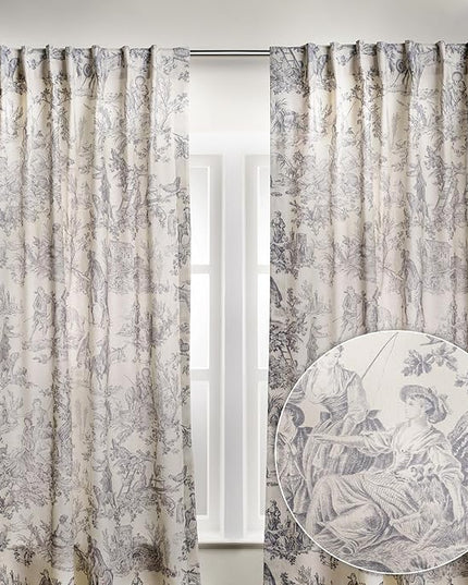 Maison d' Hermine Curtains for Living Room 100% Cotton 124 inch Length Two Panels Light Filtering Toile Curtains for Bedroom Windows with Rod and Loop Pockets (The Miller Paloma Gray, 50" W x 124" L)
