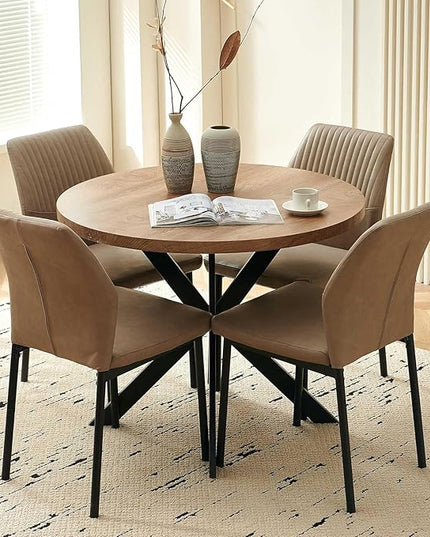 37" Round Dining Table Set for 4, Mid Century Modern Small Coffee Set for Dining Room Kitchen Apartment (Walnut Table + 4 PU Leather Beige Chairs)