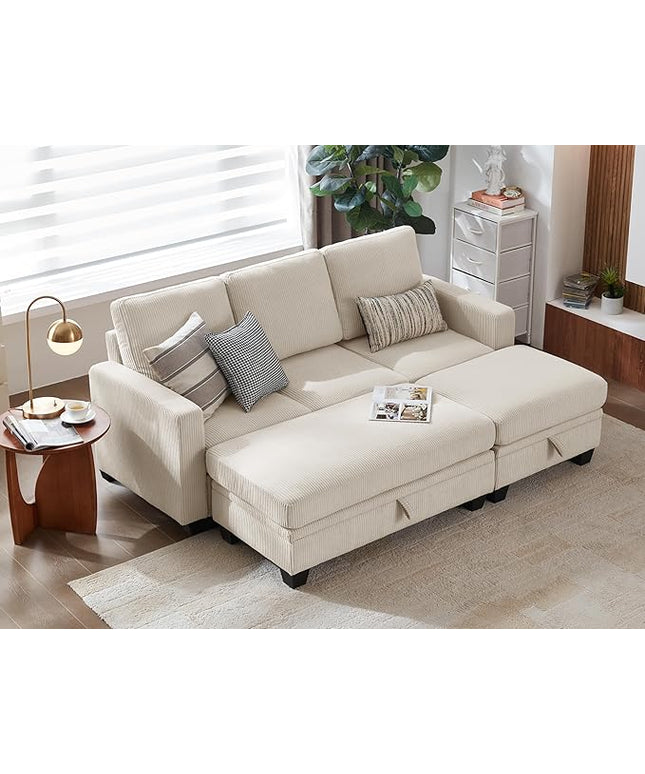 CHIC HOUSE Corduroy Modular Sectional Couch with Ottoman Chaise, L/U Shaped Sleeper Sofa for Living Room, Apartment, Lounge, Modern Armrest Neck Support Furniture (6 Seater Sleeper, Beige)