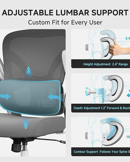 Ergonomic Office Chair with Adjustable Lumbar Support & Headrest, 330 LBS High Back Mesh Chair with Flip-up Armrests for Long Hours, Home Office Desk Chair, White and Gray