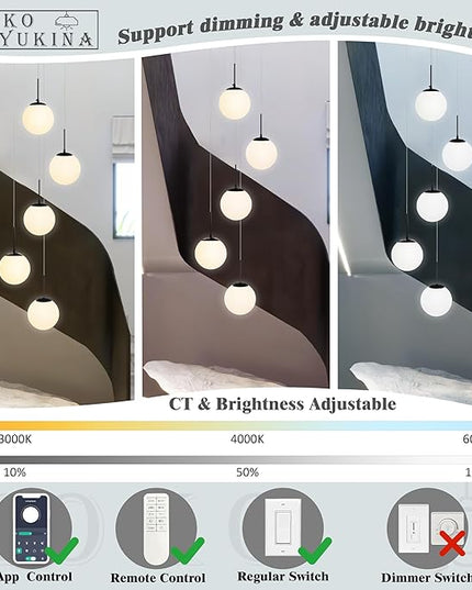 KoKo&Yukina 5-Light Globe Glass Pendant Light Adjustable Length Pendant Lights Fixtures Modern Black Chandelier with Milky White Glass Ceiling Lights for Living Room Staircase (Bulb & Remote Incl.)
