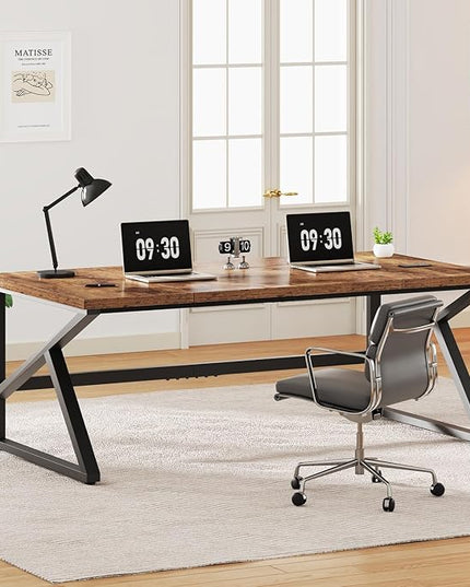 IBF 70 Inch Rustic Brown Desk, Industrial Large Metal Wood Double Computer Desk, Long Home Office Desks Table for 2 People Executive Work Writing Study Gaming, Farmhouse Big Two Person Desk in Bedroom
