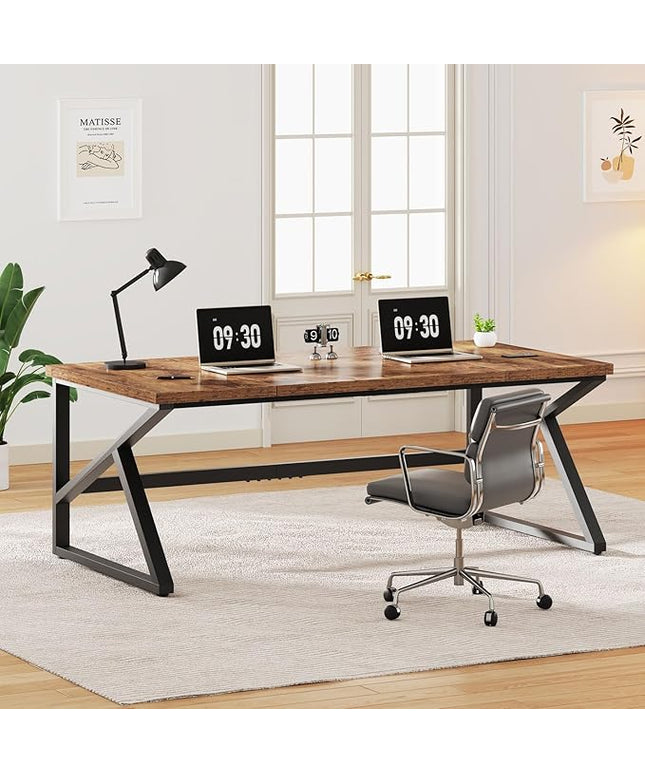 IBF 70 Inch Rustic Brown Desk, Industrial Large Metal Wood Double Computer Desk, Long Home Office Desks Table for 2 People Executive Work Writing Study Gaming, Farmhouse Big Two Person Desk in Bedroom