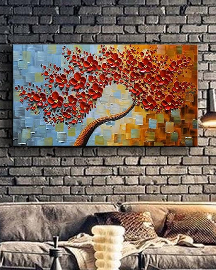 YaSheng Art- hand painted Contemporary Art Oil Painting On Canvas Texture Palette Knife 3D Red Flowers Tree Paintings Abstract Art Home Modern Bedroom Dining Room Living Room Wall Art Decor 20x40inch