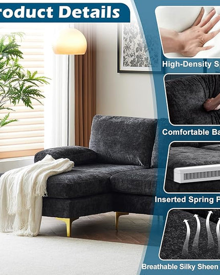 VINGLI 110" Large U-Shape Sectional Sofa Couch with 51" D Double Chaise for Living Room, Modern Sectional Couch Set with Soft 5.9" Thickness Seating Padding, Chenille Fabric,Metal Gold Legs(Black)