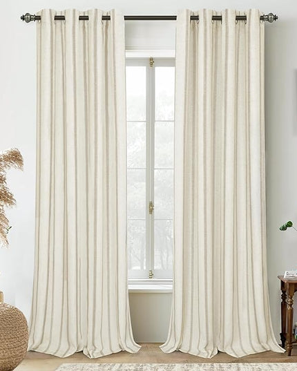 DriftAway Farmhouse Linen Blend Blackout Curtains 84 Inches Long for Bedroom Vertical Striped Printed Linen Curtains Thermal Insulated Lined Treatments for Living Room 2 Panels W52 x L84 Camel Beige