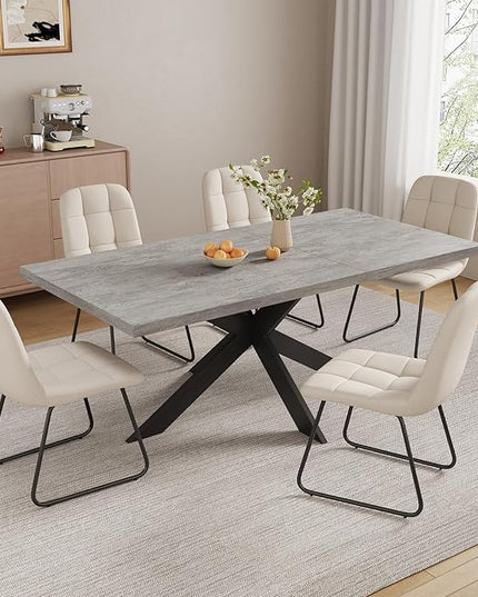 ZckyCine 6-8 Person Modern Rectangular Dining Table Set with 6 Chairs, Expandable Kitchen Table (51 to 63 Inches), Space-Saving Design, Metal Frame, Gray Tabletop & White PU Leather Chairs