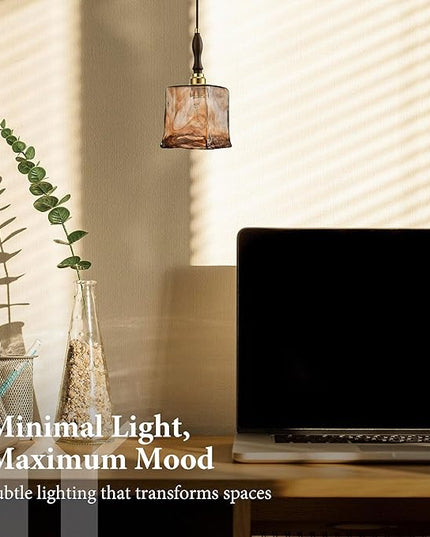 Modern Amber Glass Pendant Light, 5.25"x11.7" Elongated Hanging Fixture with Wood Grip & Brass Accent, 15"-72" Adjustable Line, E26 Socket – Golden Amber Rectangular