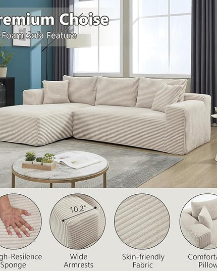 PELUMY 108.7" L-Shaped Modular Sectional Sofa with Oversized Chaise, Cloud Couch with Memory Foam, No Assembly Required Sleeper Sofa for Small Space Living Room, Apartment (Beige, Corduroy)