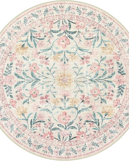 Wonnitar Pink Floral Round Rugs 5ft, Soft Circle Rug Non Slip Washable Round Carpet, Boho Non-Shedding Flower Distressed Circle Carpets for Bedroom Girls Room Nursery