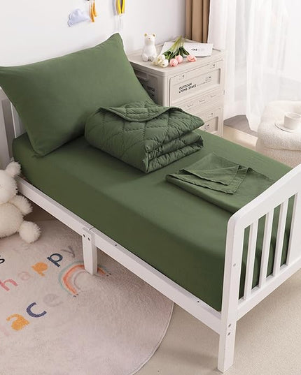 NTBAY Toddler Bedding Set - 4 Piece Soft and Breathable Crib Bedding Set for Boys and Girls, Includes Quilted Comforter, Fitted Sheet, Flat Top Sheet and Envelope Pillowcase, Olive Green