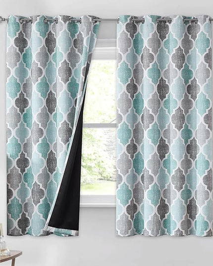 Beauoop 100% Blackout Curtains 45 Inches Long 2 Panels for Bedroom Living Room Aqua Grey Moroccan Geo Room Darkening Thermal Insulated Soundproof Grommet Top Window Treatments Drapes, 50x45 Set of 2
