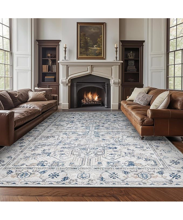 jinchan Lima 6x9 Machine Washable Area Rugs for Living Room - Vintage Floral Stain Resistant Low Pile Ultra-Thin Non Slip Accent Rug for Bedroom Kitchen Dining Room Home Office (6x9ft, Blue)