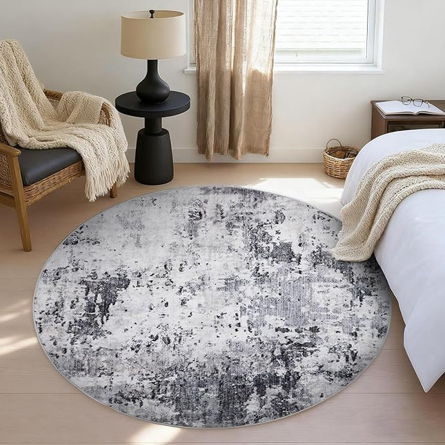 Modern Abstract 8x8 Round Area Rug Non Slip Non Shedding Rug Low Pile Stain Resistant for Bedroom Living Room Office Dining Room,Grey