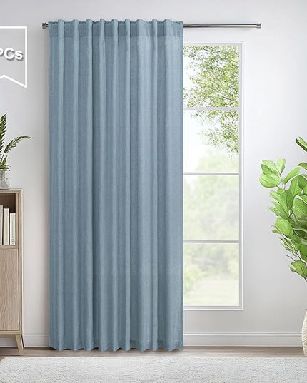 Pitalk Light Blue Wide Curtains for Windows Extra Width 60x90 Inch Long Back Tab Pole Pocket Semi Sheer Light Filter Linen Curtain Blinds for Bedroom Living Room 5 x 7.5 FT 5x7.5 Stone Blue Grey Gray