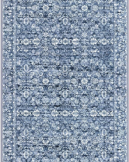 3x8 Washable Runner Rug for Kitchen, Blue Soft Classic Runner with Non-Slip, Non-Shedding Distressed Floral Rug for Hallways Entryway Bedroom Bathroom Laundry Indoor