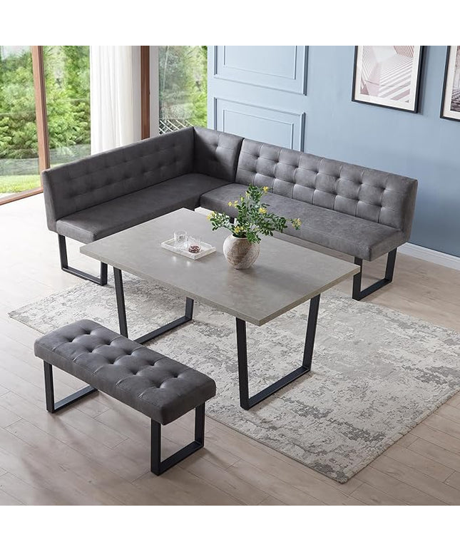 3 Piece Dining Table Set with Bench, 42.9 Inch Modern Kitchen Table with Right Seat Corner and 43.3 Inch Bench for Family Dining Room Furniture