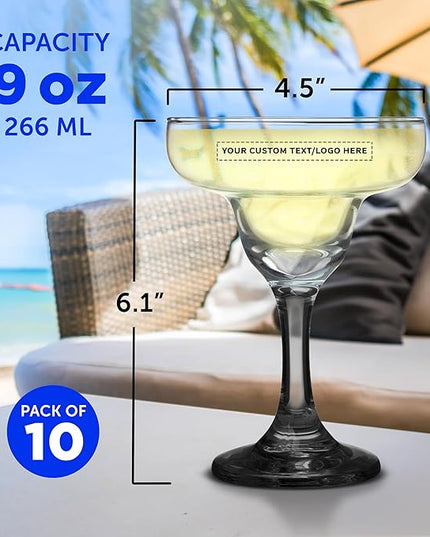DISCOUNT PROMOS 10 Margarita Glasses Set, 9 oz. - Personalized Text, Logo - Classic, Smooth, Barware, Glassware - Black