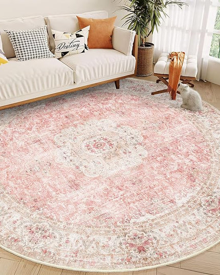 Round Rug 9ft,Large Pink Circle Area Rugs for Bedroom Living Room,Washable Boho Vintage Bohemian Distressed Oriental Floral Carpet Non Slip