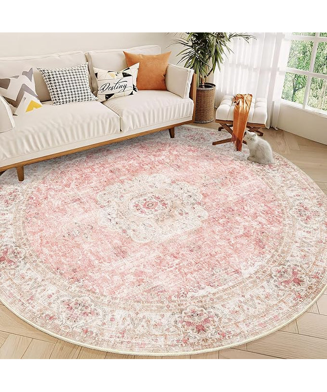 Round Rug 9ft,Large Pink Circle Area Rugs for Bedroom Living Room,Washable Boho Vintage Bohemian Distressed Oriental Floral Carpet Non Slip